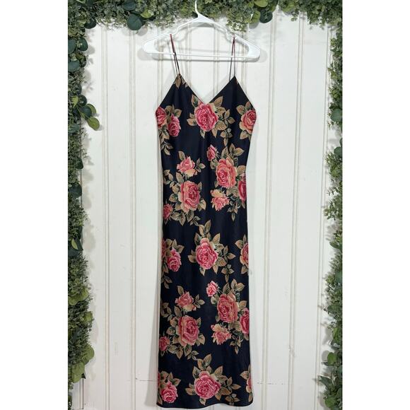 Eve Stillman Satin Nightgown SMALL Blue Vintage Floral Slip Dress Retro Roses